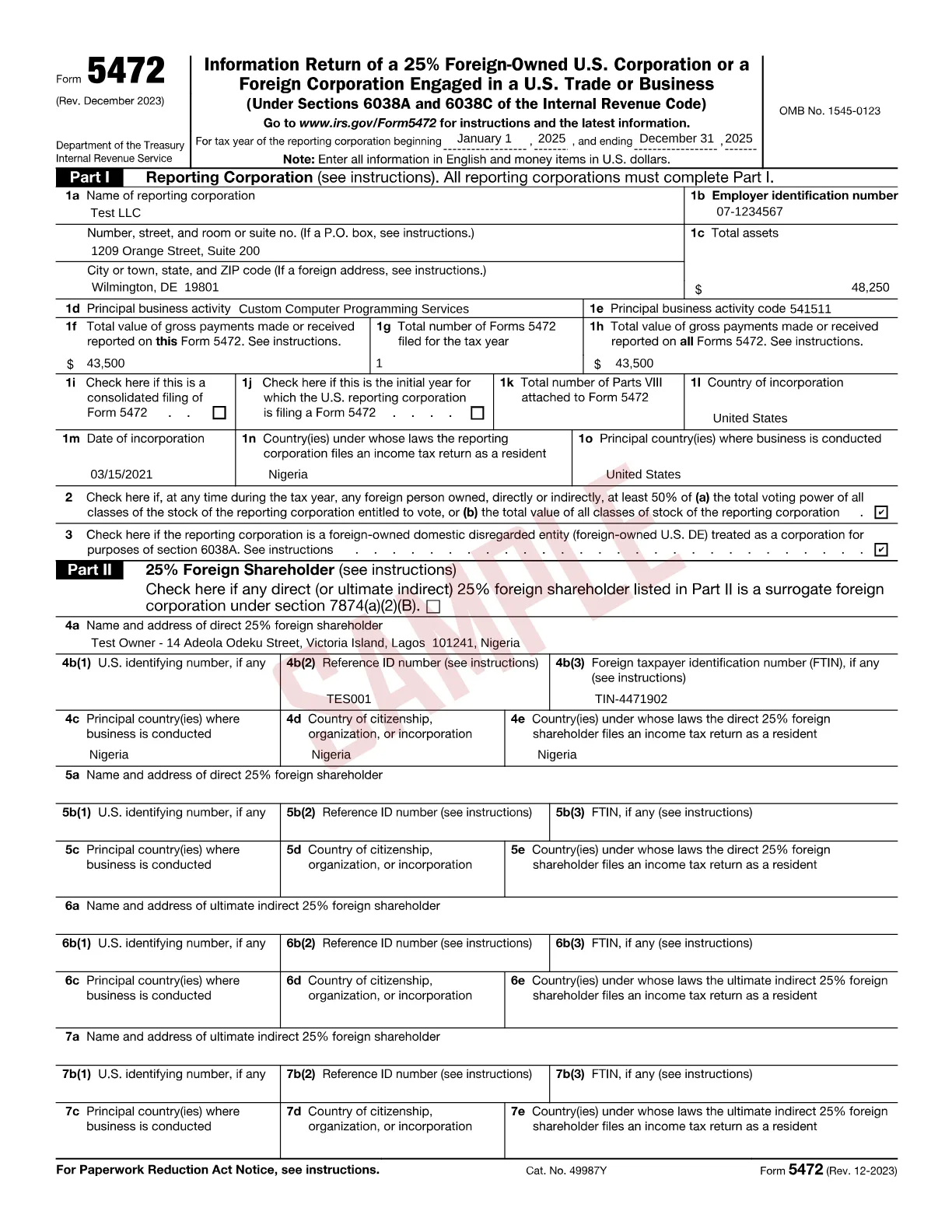 Form 5472, page 1, completed with sample data and marked SAMPLE