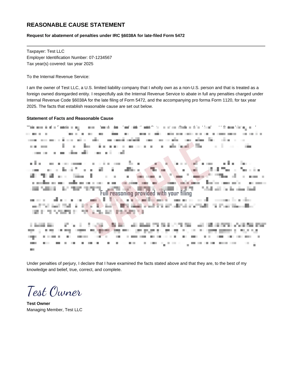 Reasonable cause statement, completed with sample data and marked SAMPLE
